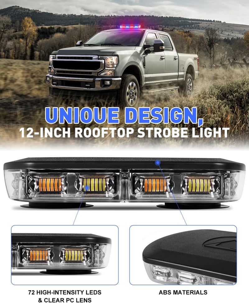 HLauto 700A Rooftop Emergency Strobe Lights Bar, 72 LED Red Blue Mini Beacon Safety Flashing Warning Traffic Lights Bar w/Magnetic Base for 12-24V Trucks, Construction Vehicles, Snowplow, Cars - Image 3